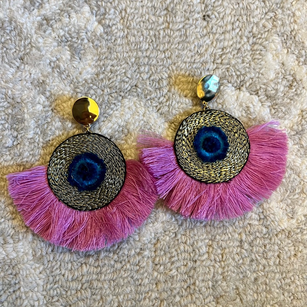 J. Crew fringed statement earrings sun drenched peony